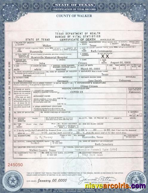 USA Texas state death certificate